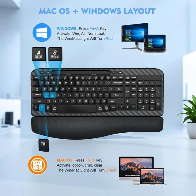 Alt view image 7 of 7 - EAYBLLY 2.4G Wireless Ergonomic Keyboard, Full Size Wave Keys with Memory Foam Wrist Rest & 7.28in Phone Holder, USB-C Adapter Included for Windows Mac Chrome OS, Office or Home (Black)