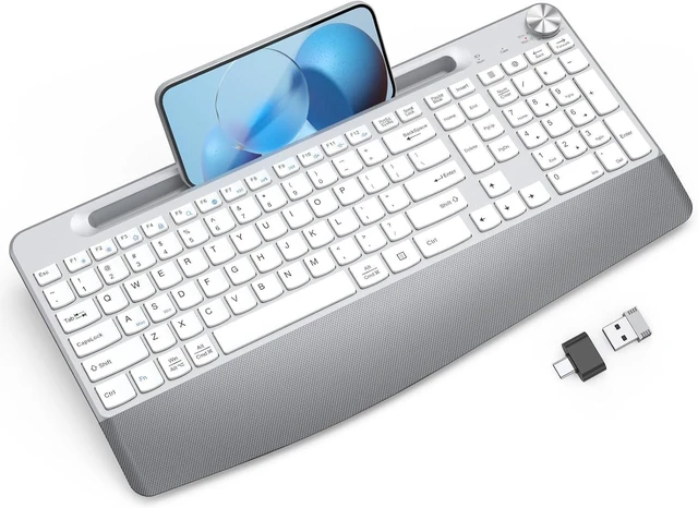 Main image of GAMCATZ Ergonomic Wireless Keyboard, 2.4GHz Cordless USB Full-Size Keyboard with Wrist Rest, Quiet Design & Numeric Keypad, Phone Holder for Desktop, Laptop, PC, Mac, Windows-White