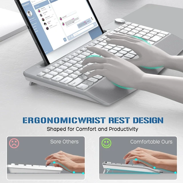Alt view image 2 of 7 - GAMCATZ Ergonomic Wireless Keyboard, 2.4GHz Cordless USB Full-Size Keyboard with Wrist Rest, Quiet Design & Numeric Keypad, Phone Holder for Desktop, Laptop, PC, Mac, Windows-White