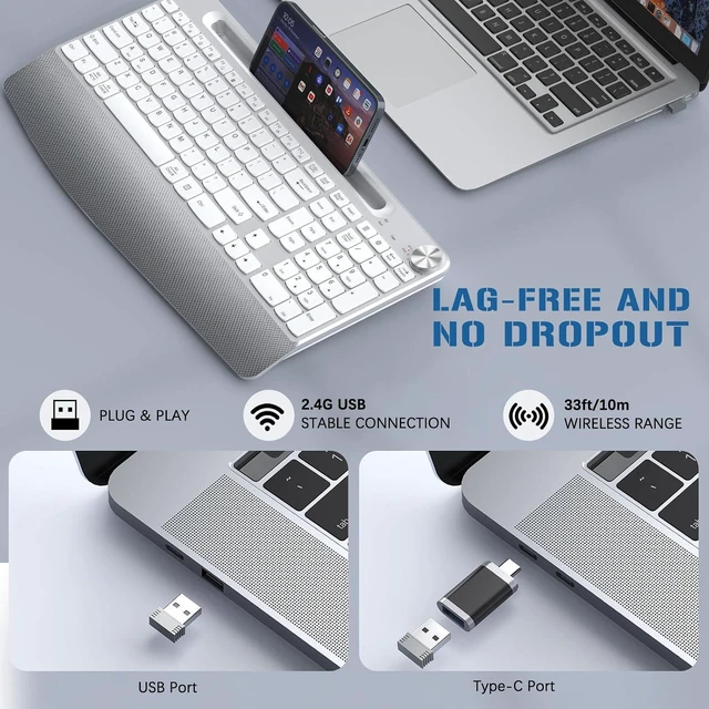 Alt view image 5 of 7 - GAMCATZ Ergonomic Wireless Keyboard, 2.4GHz Cordless USB Full-Size Keyboard with Wrist Rest, Quiet Design & Numeric Keypad, Phone Holder for Desktop, Laptop, PC, Mac, Windows-White