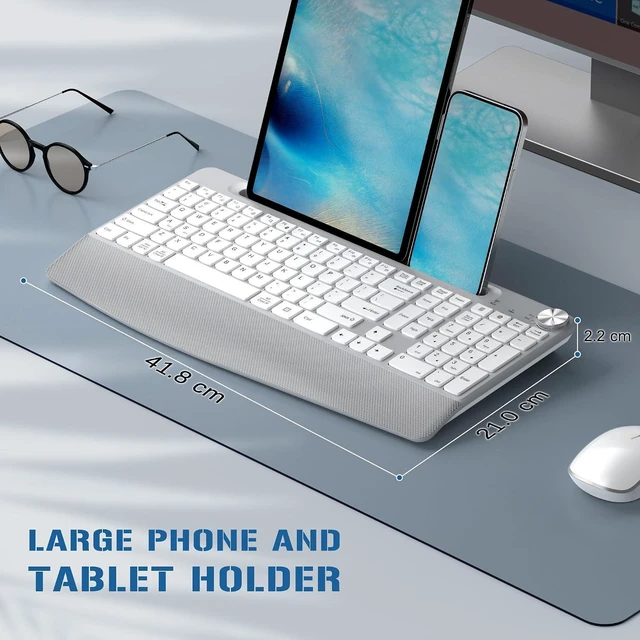 Alt view image 6 of 7 - GAMCATZ Ergonomic Wireless Keyboard, 2.4GHz Cordless USB Full-Size Keyboard with Wrist Rest, Quiet Design & Numeric Keypad, Phone Holder for Desktop, Laptop, PC, Mac, Windows-White