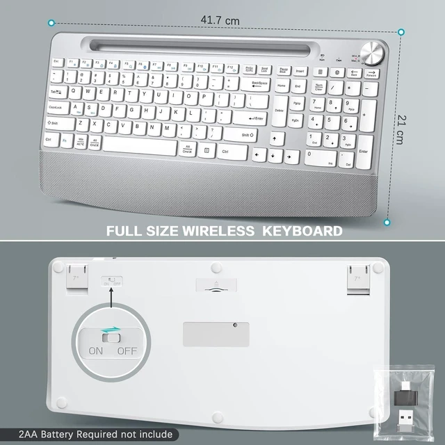 Alt view image 7 of 7 - GAMCATZ Ergonomic Wireless Keyboard, 2.4GHz Cordless USB Full-Size Keyboard with Wrist Rest, Quiet Design & Numeric Keypad, Phone Holder for Desktop, Laptop, PC, Mac, Windows-White