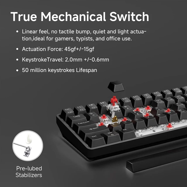 Alt view image 3 of 6 - TMKB 60% Mechanical Gaming Keyboard, Red Linear Switch, Wired, Black | LED Backlight, Anti-Ghosting, Detachable USB-C, Double-Shot Keycaps, 61 Keys