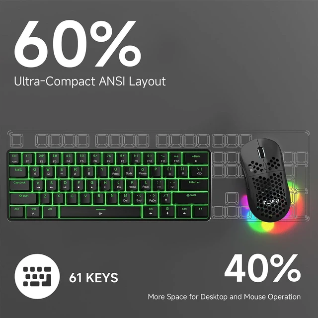 Alt view image 6 of 6 - TMKB 60% Mechanical Gaming Keyboard, Red Linear Switch, Wired, Black | LED Backlight, Anti-Ghosting, Detachable USB-C, Double-Shot Keycaps, 61 Keys