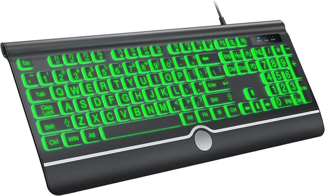 Main image of KOPJIPPOM USB Wired Keyboard with Large Print Backlit Keys, 7 Color LED Backlight, Ergonomic Wrist Rest, Spill-Resistant Design, Full-Size Computer Keyboard with Number Pad for PC Desktop Laptop