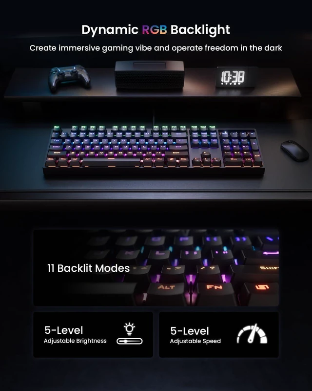 Alt view image 2 of 7 - RGB Mechanical Gaming Keyboard Blue Switch, 104 Keys Full-Size Light Up Keyboard with 11 Backlit Modes, Anti-Ghosting, Double-Shot ABS Keycaps, USB Wired Computer Keyboard for Windows PC Gamer