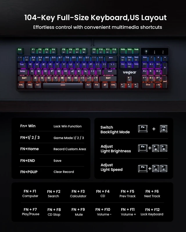 Alt view image 7 of 7 - RGB Mechanical Gaming Keyboard Blue Switch, 104 Keys Full-Size Light Up Keyboard with 11 Backlit Modes, Anti-Ghosting, Double-Shot ABS Keycaps, USB Wired Computer Keyboard for Windows PC Gamer