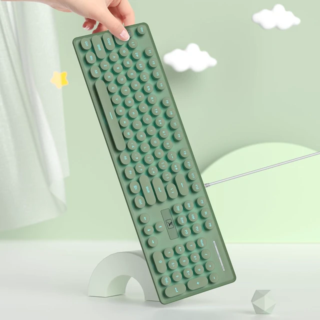 Alt view image 5 of 7 - Full Size Wired Computer Keyboard, Quiet Typewriter Keyboard with Retro Round Keycaps, LED Backlit, Membrane, 104-key for PC, Laptop(Dark Green)