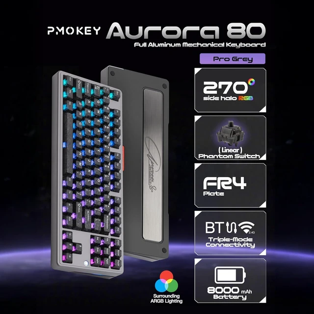 Alt view image 2 of 4 - PMOKEY Aurora 80 CNC Full Aluminum Wireless Mechanical Keyboard with VIA/QMK, 8000mah Battery, Phantom Linear Switch, Tri-Mode Gaming Keyboard Hot Swappable RGB Backlit for Windows/Mac/PC (Pro Grey)