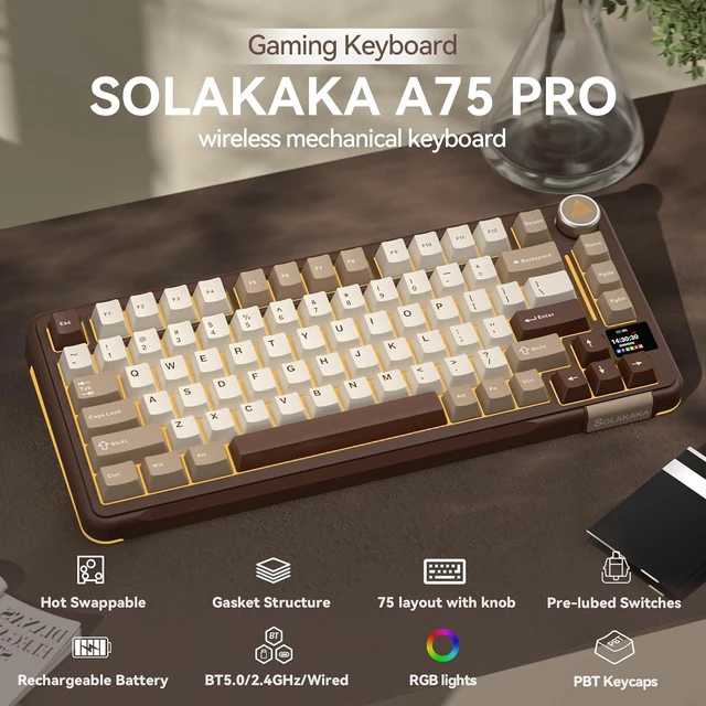 Alt view image 2 of 7 - SOLAKAKA A75 PRO 75% Wireless Mechanical Keyboard with Screen and Knob, Tri-Mode Hot Swappable Gaming Keyboard, RGB Backlit Gasket Creamy Pre-lubed PBT Computer Keyboard for PC/Mac/Win,Brown