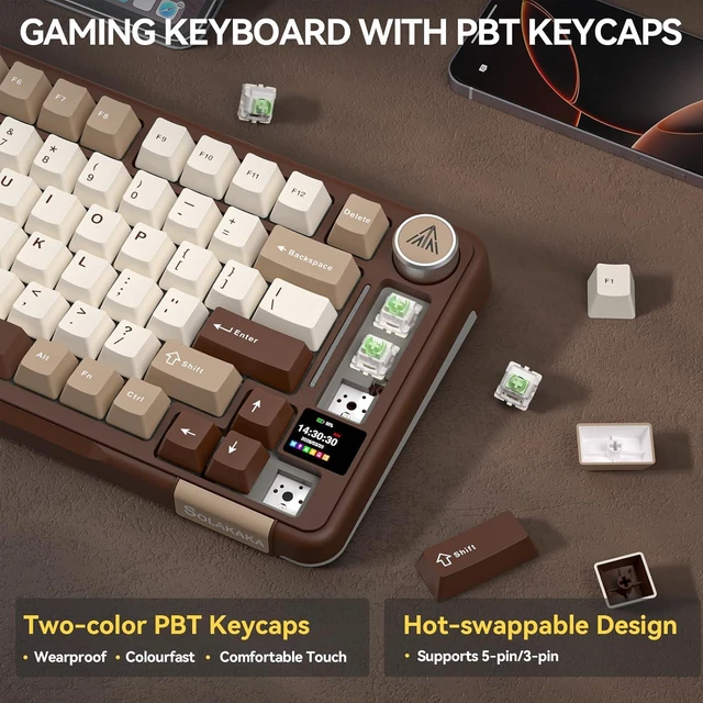 Alt view image 4 of 7 - SOLAKAKA A75 PRO 75% Wireless Mechanical Keyboard with Screen and Knob, Tri-Mode Hot Swappable Gaming Keyboard, RGB Backlit Gasket Creamy Pre-lubed PBT Computer Keyboard for PC/Mac/Win,Brown