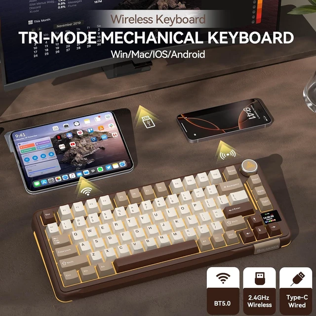 Alt view image 3 of 7 - SOLAKAKA A75 PRO 75% Wireless Mechanical Keyboard with Screen and Knob, Tri-Mode Hot Swappable Gaming Keyboard, RGB Backlit Gasket Creamy Pre-lubed PBT Computer Keyboard for PC/Mac/Win,Brown
