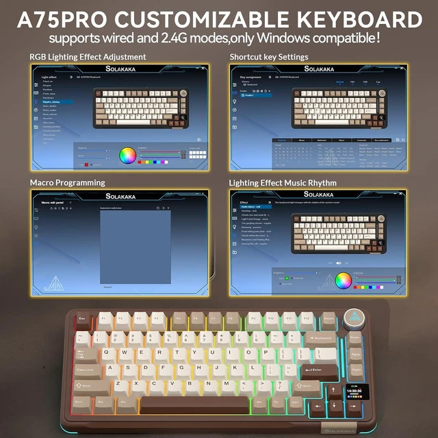 Alt view image 7 of 7 - SOLAKAKA A75 PRO 75% Wireless Mechanical Keyboard with Screen and Knob, Tri-Mode Hot Swappable Gaming Keyboard, RGB Backlit Gasket Creamy Pre-lubed PBT Computer Keyboard for PC/Mac/Win,Brown