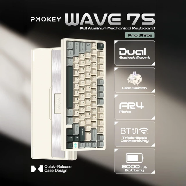 Alt view image 3 of 7 - KEEBMONKEY PMO Wave 75 CNC Aluminum Quick Release Tri-Mode Wireless Gaming Keyboard,QMK/VIA Tri-Mode Mechanical Keyboard with 8000mAh Battery,Hot-Swappable with RGB for Windows/Mac/PC (Pro White)