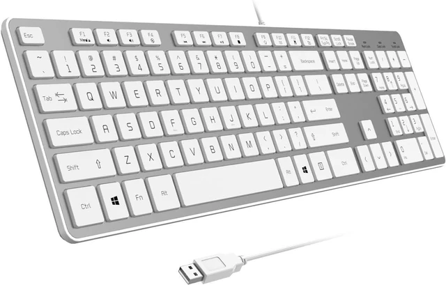 Main image of Wired USB Keyboard with Cover/Protector Skin, Low-Profile Flat Keyboard with US Layout (QWERTY), Durable Ultra-Slim Quiet Computer Keyboard for PC Windows 11/10 / 8/7 / XP/Vista - Silver