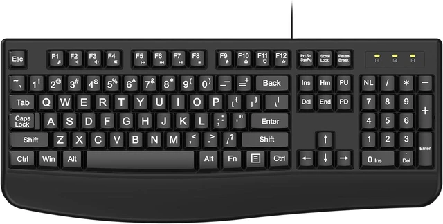 Main image of QUASIO Large Print Keyboard, 2.4G Full-Sized Ergonomic WiredComputer Keyboard with Wrist Rest for Windows, Mac OS Laptop/PC/Desktop/Notebook(Large Print Black)