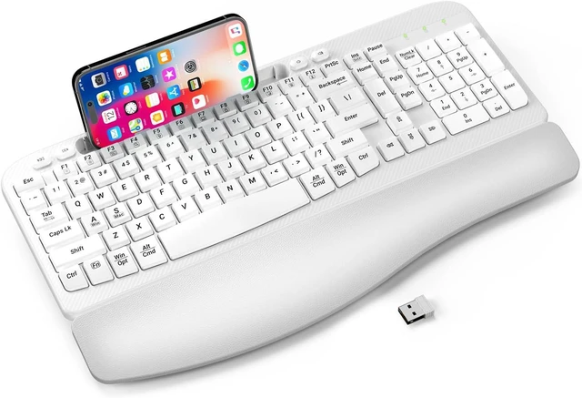 Main image of EAYBLLY 2.4G Wireless Ergonomic Keyboard, Full Size Wave Keys with Memory Foam Wrist Rest & 7.28in Phone Holder, USB-C Adapter Included for Windows Mac Chrome OS, Office or Home (White)