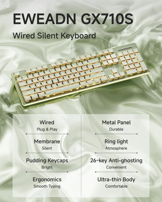 Alt view image 2 of 7 - Wired Keyboard with Warm Backlight Pudding Keycaps, Full Size, Green | Quiet Computer Keyboard Easy-to-Read, Never Fade, Metal Panel, USB Cute Desk Setup for Windows PC Desktop, EWEADN