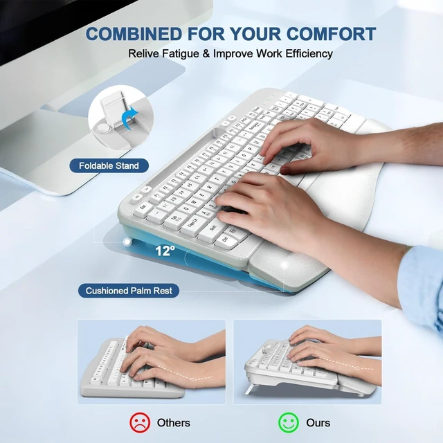 Alt view image 4 of 7 - EAYBLLY 2.4G Wireless Ergonomic Keyboard, Full Size Wave Keys with Memory Foam Wrist Rest & 7.28in Phone Holder, USB-C Adapter Included for Windows Mac Chrome OS, Office or Home (White)
