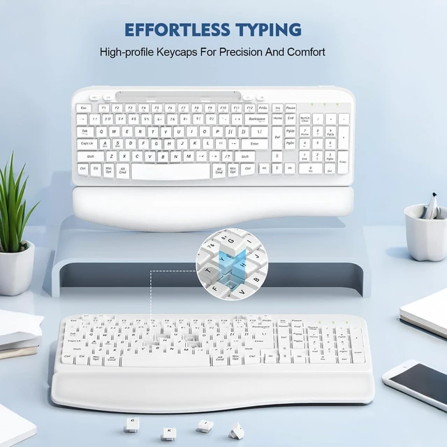 Alt view image 5 of 7 - EAYBLLY 2.4G Wireless Ergonomic Keyboard, Full Size Wave Keys with Memory Foam Wrist Rest & 7.28in Phone Holder, USB-C Adapter Included for Windows Mac Chrome OS, Office or Home (White)