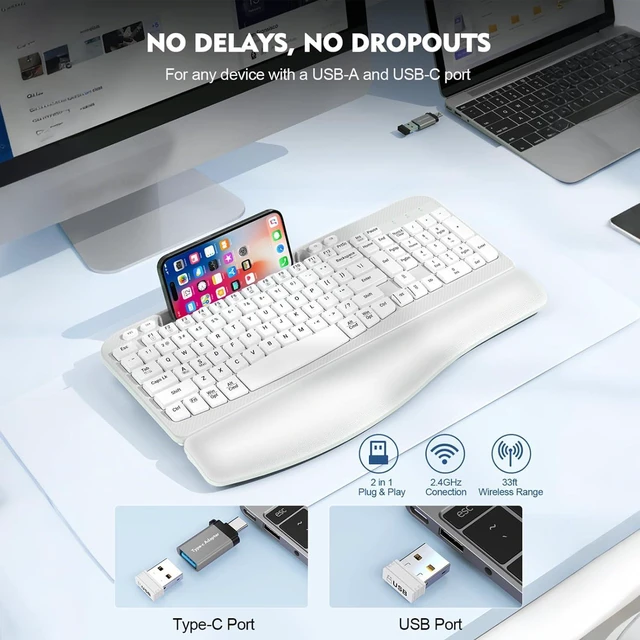 Alt view image 6 of 7 - EAYBLLY 2.4G Wireless Ergonomic Keyboard, Full Size Wave Keys with Memory Foam Wrist Rest & 7.28in Phone Holder, USB-C Adapter Included for Windows Mac Chrome OS, Office or Home (White)