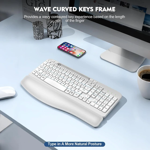 Alt view image 7 of 7 - EAYBLLY 2.4G Wireless Ergonomic Keyboard, Full Size Wave Keys with Memory Foam Wrist Rest & 7.28in Phone Holder, USB-C Adapter Included for Windows Mac Chrome OS, Office or Home (White)