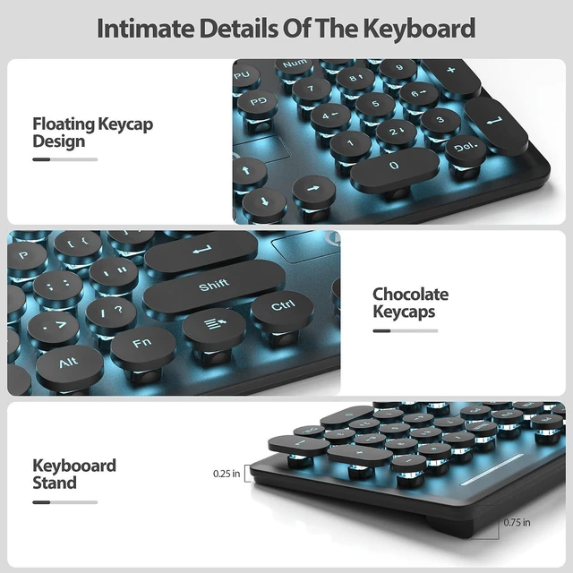 Alt view image 4 of 6 - Typewriter Keyboard 104-key Punk Gaming Retro Keyboard LED Ice Blue Backlit Cute Keyboard with Wired USB Suitable for PC/Win/Mac/Laptop Computer KeyboardBlack