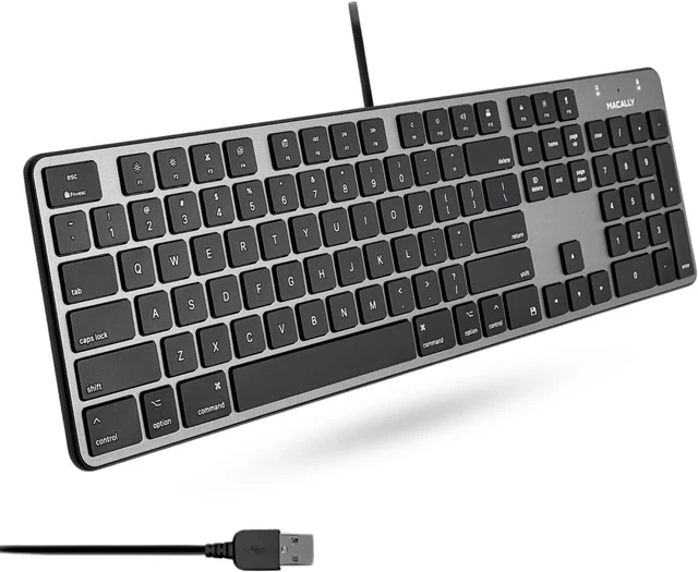 Main image of Macally Slim USB Wired Keyboard for Mac - Full Size 104 Key Layout & 16 Shortcut Keys - Scissor Keycaps for Tactile Typing - Wired Keyboard with Numeric Keypad - Space Gray