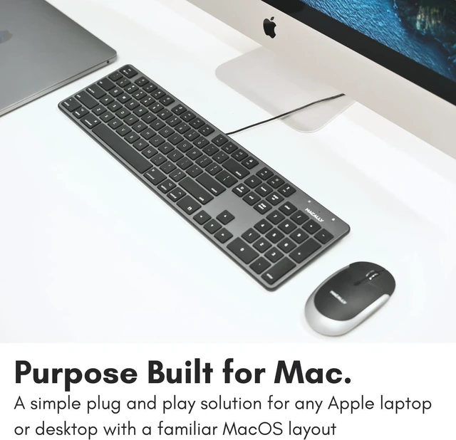 Alt view image 2 of 7 - Macally Slim USB Wired Keyboard for Mac - Full Size 104 Key Layout & 16 Shortcut Keys - Scissor Keycaps for Tactile Typing - Wired Keyboard with Numeric Keypad - Space Gray