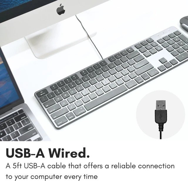 Alt view image 3 of 7 - Macally Slim USB Wired Keyboard for Mac - Full Size 104 Key Layout & 16 Shortcut Keys - Scissor Keycaps for Tactile Typing - Wired Keyboard with Numeric Keypad - Space Gray