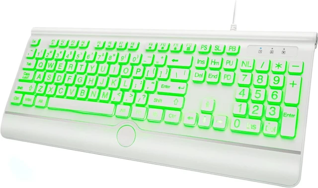 Main image of KOPJIPPOM USB Wired Keyboard with Large Print Backlit Keys, 7 Color LED Backlight, Ergonomic Wrist Rest, Spill-Resistant Design, Full-Size Computer Keyboard with Number Pad, for PC Desktop Laptop