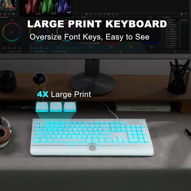Alt view image 3 of 7 - KOPJIPPOM USB Wired Keyboard with Large Print Backlit Keys, 7 Color LED Backlight, Ergonomic Wrist Rest, Spill-Resistant Design, Full-Size Computer Keyboard with Number Pad, for PC Desktop Laptop