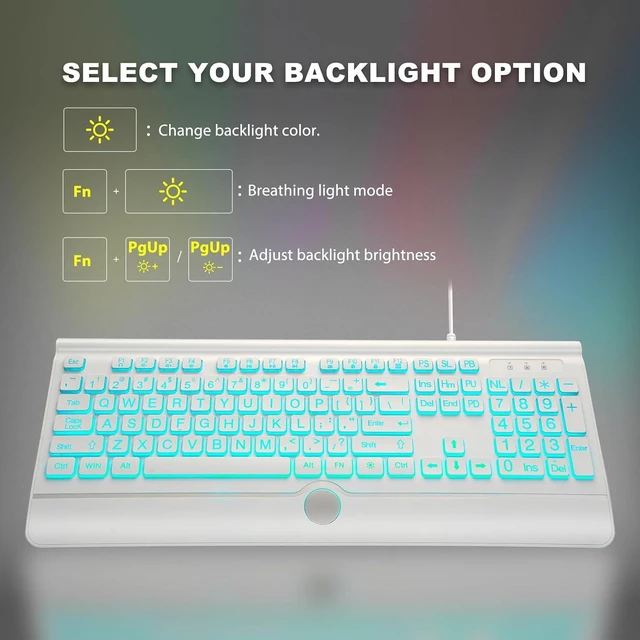 Alt view image 5 of 7 - KOPJIPPOM USB Wired Keyboard with Large Print Backlit Keys, 7 Color LED Backlight, Ergonomic Wrist Rest, Spill-Resistant Design, Full-Size Computer Keyboard with Number Pad, for PC Desktop Laptop