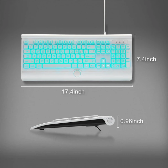 Alt view image 6 of 7 - KOPJIPPOM USB Wired Keyboard with Large Print Backlit Keys, 7 Color LED Backlight, Ergonomic Wrist Rest, Spill-Resistant Design, Full-Size Computer Keyboard with Number Pad, for PC Desktop Laptop