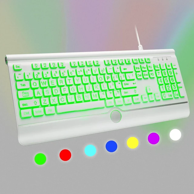 Alt view image 7 of 7 - KOPJIPPOM USB Wired Keyboard with Large Print Backlit Keys, 7 Color LED Backlight, Ergonomic Wrist Rest, Spill-Resistant Design, Full-Size Computer Keyboard with Number Pad, for PC Desktop Laptop