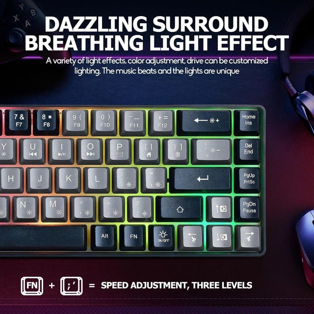 Alt view image 3 of 7 - Wired Portable 60% Mechanical Feeling Gaming Keyboard,RGB LED Backlit Compact 68 Keys Mini Wired Office Keyboard for Windows Laptop PC Mac Gamer, Typist, Travel on Business Trip-Grey and Black