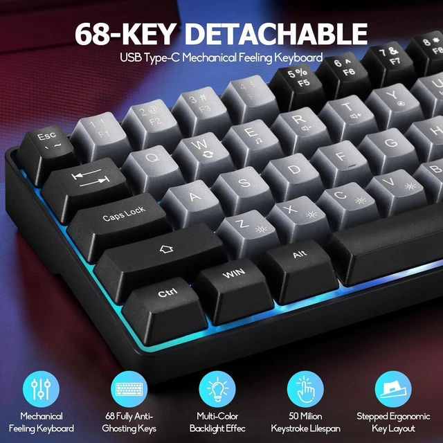Alt view image 5 of 7 - Wired Portable 60% Mechanical Feeling Gaming Keyboard,RGB LED Backlit Compact 68 Keys Mini Wired Office Keyboard for Windows Laptop PC Mac Gamer, Typist, Travel on Business Trip-Grey and Black