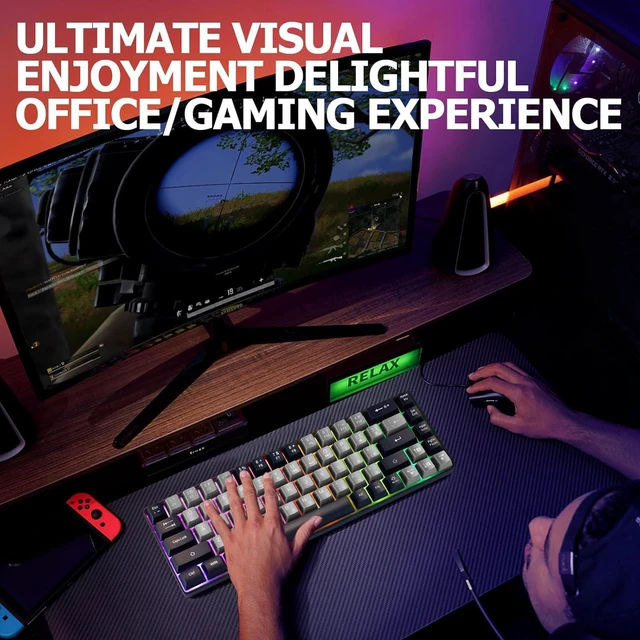 Alt view image 6 of 7 - Wired Portable 60% Mechanical Feeling Gaming Keyboard,RGB LED Backlit Compact 68 Keys Mini Wired Office Keyboard for Windows Laptop PC Mac Gamer, Typist, Travel on Business Trip-Grey and Black