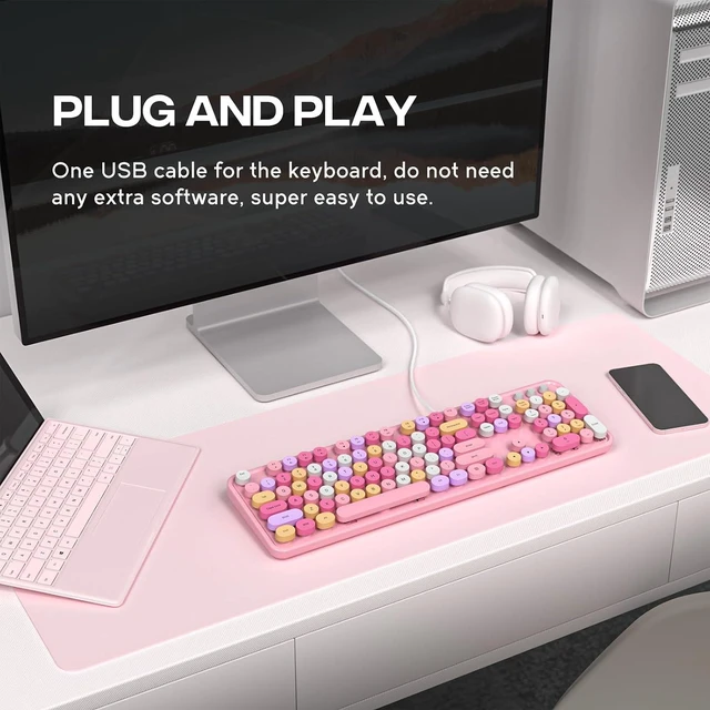 Alt view image 2 of 7 - MOWUX Computer Keyboard Wired, Plug and Play USB Retro Round Typewriter Keyboard, Full Size Wired Keyboard with Foldable Stands for Laptop and Office PC- Pink Colorful