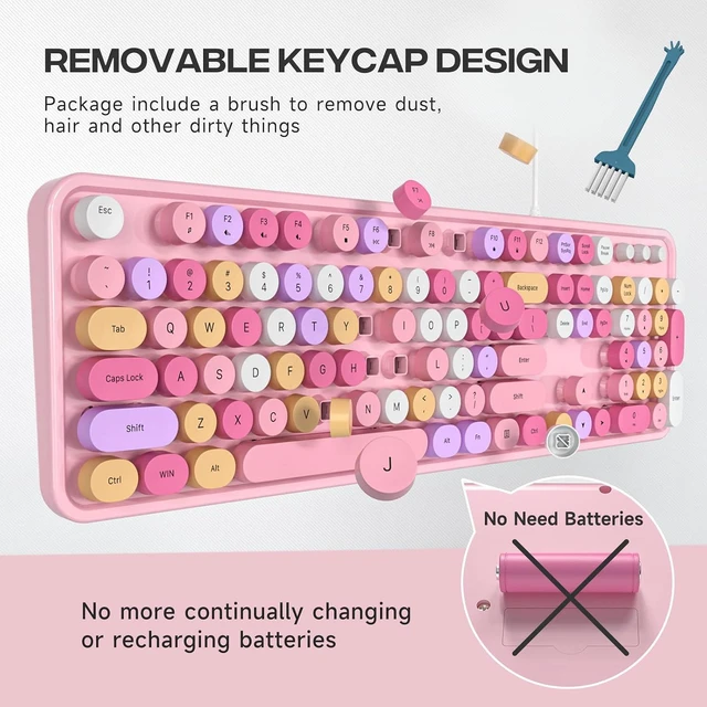 Alt view image 6 of 7 - MOWUX Computer Keyboard Wired, Plug and Play USB Retro Round Typewriter Keyboard, Full Size Wired Keyboard with Foldable Stands for Laptop and Office PC- Pink Colorful