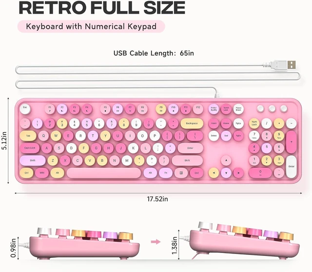 Alt view image 7 of 7 - MOWUX Computer Keyboard Wired, Plug and Play USB Retro Round Typewriter Keyboard, Full Size Wired Keyboard with Foldable Stands for Laptop and Office PC- Pink Colorful