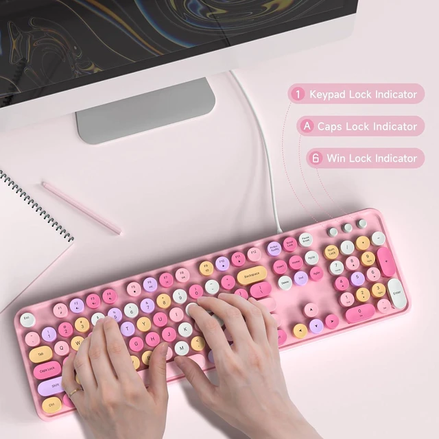 Alt view image 3 of 7 - MOWUX Computer Keyboard Wired, Plug and Play USB Retro Round Typewriter Keyboard, Full Size Wired Keyboard with Foldable Stands for Laptop and Office PC- Pink Colorful