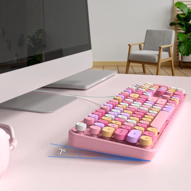 Alt view image 4 of 7 - MOWUX Computer Keyboard Wired, Plug and Play USB Retro Round Typewriter Keyboard, Full Size Wired Keyboard with Foldable Stands for Laptop and Office PC- Pink Colorful