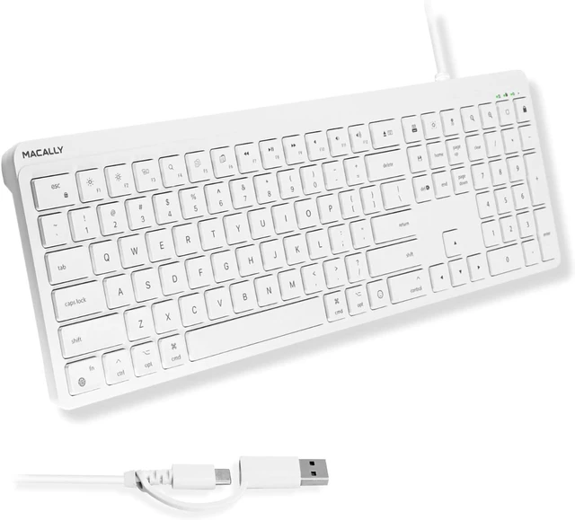 Main image of Macally Mac Wired Keyboard USB C + A (Dual Plug) - Simplicity for All Apple Devices - Full 107 Keys, 22 Shortcuts, and Quiet Typing - USB C Keyboard for Mac iMac MacBook iPhone iPad - White