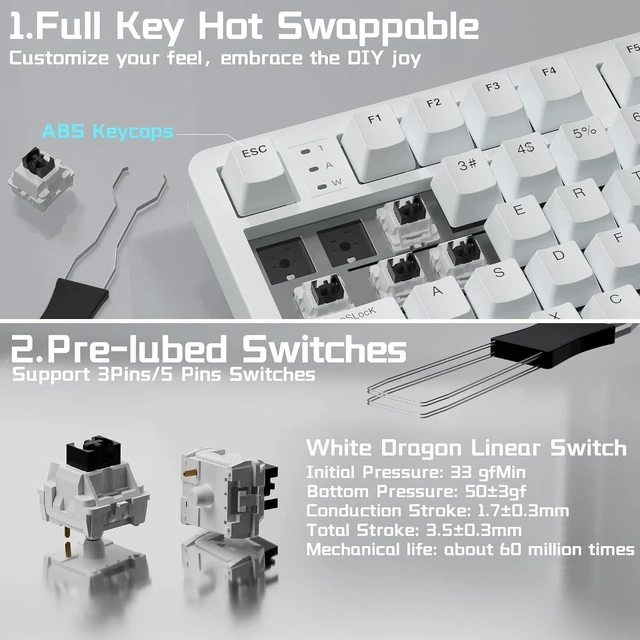 Alt view image 5 of 7 - LEOBOG HI98C Pro Wireless Mechanical Gaming Keyboard, Tri-Mode Wired/2.4G/BT5.0 Hot Swappable Aluminum Keyboards with Number Pad, RGB Backlit Gasket Mount White Custom Keyboard for PC Gaming & Office