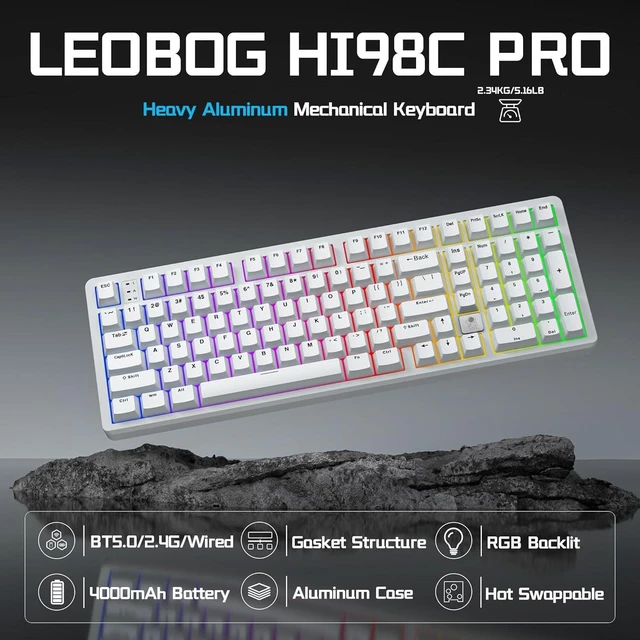 Alt view image 2 of 7 - LEOBOG HI98C Pro Wireless Mechanical Gaming Keyboard, Tri-Mode Wired/2.4G/BT5.0 Hot Swappable Aluminum Keyboards with Number Pad, RGB Backlit Gasket Mount White Custom Keyboard for PC Gaming & Office