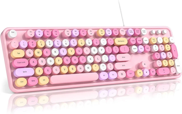 Main image of MOFII Computer Keyboard Wired,Round Key Retro Typewriter Keyboard Full Size | USB Plug and Play, for Laptop, PC, Desktop, Windows (Pink Colorful)