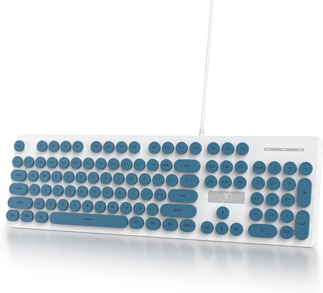 Main image of Full Size Wired Computer Keyboard, Quiet Typewriter Keyboard with Retro Round Keycaps, LED Backlit, Membrane, 104-key for PC, Laptop(Blue)