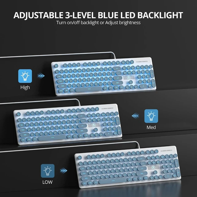 Alt view image 4 of 7 - Full Size Wired Computer Keyboard, Quiet Typewriter Keyboard with Retro Round Keycaps, LED Backlit, Membrane, 104-key for PC, Laptop(Blue)