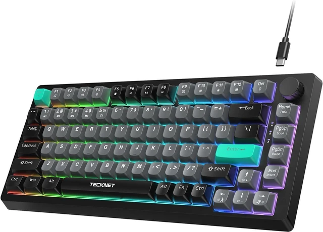 Main image of TECKNET Gaming Keyboard, 75% Wired Keyboard, RGB Backlit, 82-Keys with Volume Knob Control, 26 Keys Anti-ghosting, Whisper Quiet Gaming Switch Travel Friendly for Windows Laptop PC Mac-Grey